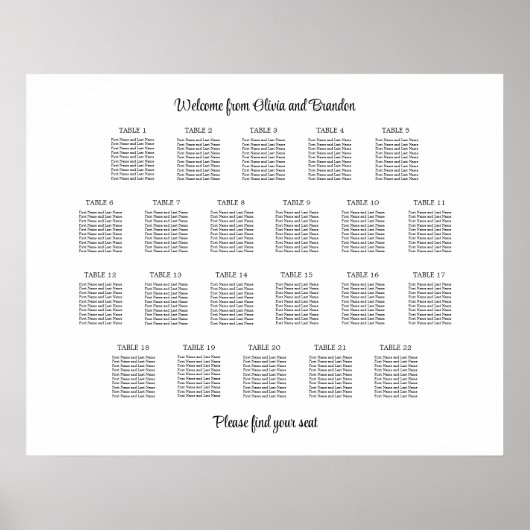 Stilvolles 22 Table Wedding Seating Chart Poster (Vorne)