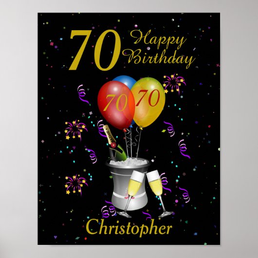 Stilvolles 70. Geburtstag Schwarzes Gold Poster (Vorne)
