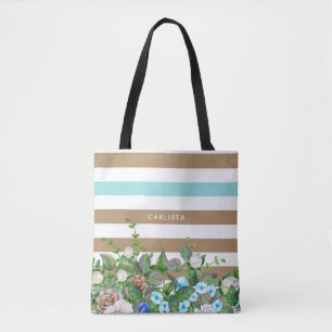 Stilvolles Aqua und TAN mit Blumen und Streifen Tasche