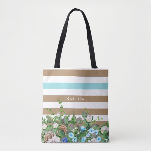 Stilvolles Aqua und TAN mit Blumen und Streifen Tasche (Vorderseite)