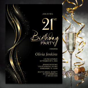 Stilvolles Black and Gold 21. Geburtstag Party Einladung