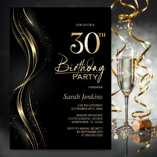 Stilvolles Black and Gold 30. Geburtstag Party Einladung