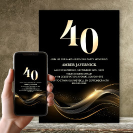 Stilvolles Black and Gold 40. Geburtstags-Party Einladung
