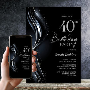 Stilvolles Black and Silver 40. Geburtstags-Party Einladung
