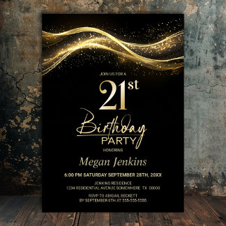 Stilvolles Black Gold 21. Geburtstag Party Einladung