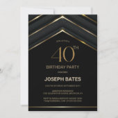 Stilvolles Black Gold 40. Geburtstag Party Einladung (Vorderseite)