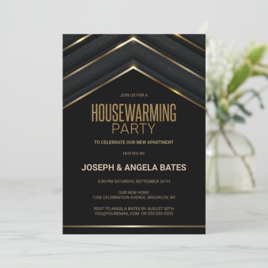 Stilvolles Black Gold Housewarming Party Einladung (Stehend Vorderseite)