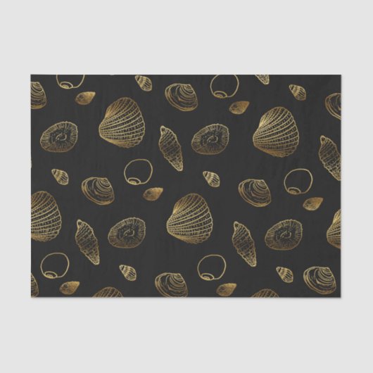 Stilvolles Black Gold Seashells Muster Seidenpapier (Vorderseite)