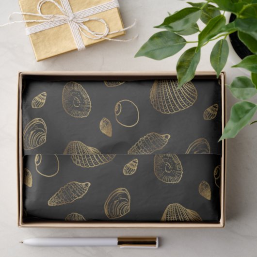 Stilvolles Black Gold Seashells Muster Seidenpapier (Geschenk)