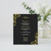 Stilvolles Black Gold Swirl Wedding Menü (Stehend Vorderseite)