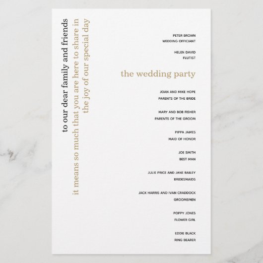 Stilvolles Black Gold Text Hochzeitsprogramm für S (Rückseite)