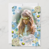 Stilvolles Blau & Grün Erste Heilige Kommunion Flo Einladung (Vorderseite)