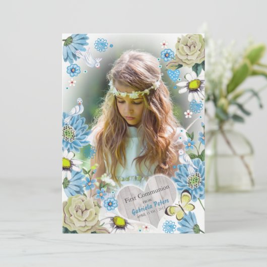 Stilvolles Blau & Grün Erste Heilige Kommunion Flo Einladung (Stehend Vorderseite)