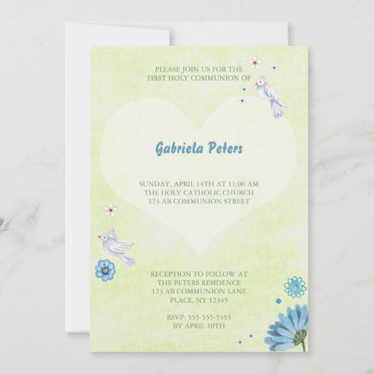 Stilvolles Blau & Grün Erste Heilige Kommunion Flo Einladung (Rückseite)