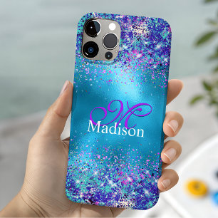 Stilvolles blau rosa irisierendes Glitter Monogram Case-Mate iPhone Hülle