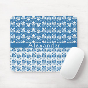 Stilvolles blau-weißes griechisches Blumenmuster n Mousepad