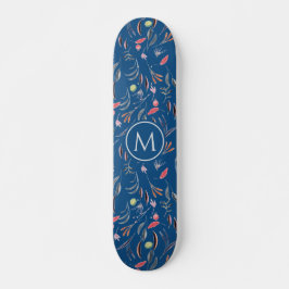 Stilvolles blaues Floral Watercolor MONOGRAM Skateboard