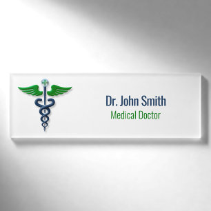 Stilvolles blaues Medical Caduceus Green Wings Cro Namenschild