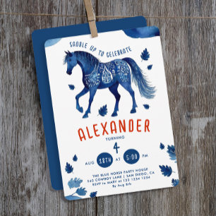 Stilvolles blaues Pferd Derby Pony Cowboy Aquarell Einladung