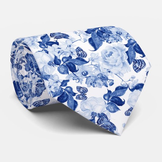 Stilvolles blaues weißes botanisches Blumenmuster Krawatte (Gerollt)