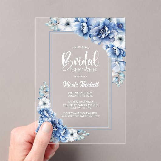 Stilvolles Blue Floral Brautparty Acryleinladungen (Insitu (Handheld))
