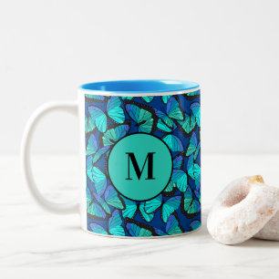 Stilvolles Blue Morpho Butterfly Muster Mit Monogr Zweifarbige Tasse