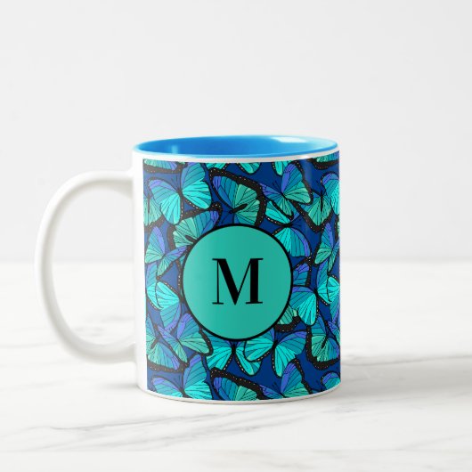 Stilvolles Blue Morpho Butterfly Muster Mit Monogr Zweifarbige Tasse (Links)