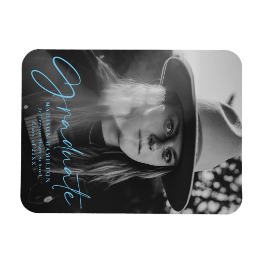 Stilvolles Blue Script Abschluss Announcement Foto Magnet (Horizontal)