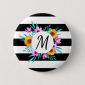 Stilvolles BlumenKranz-Schwarzes Stripes Monogramm Button (Vorderseite)