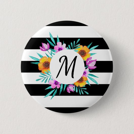 Stilvolles BlumenKranz-Schwarzes Stripes Monogramm Button (Vorderseite)