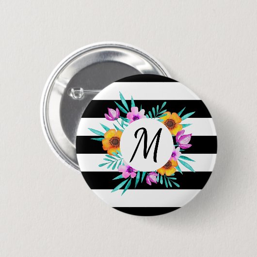 Stilvolles BlumenKranz-Schwarzes Stripes Monogramm Button (Vorne & Hinten)