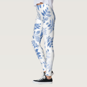 Stilvolles Blumenleder: Blaue Blume und Blätter dr Leggings