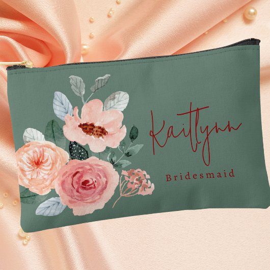 Stilvolles Blumenmuster Grün & Orange Peach Script Zubehörtasche