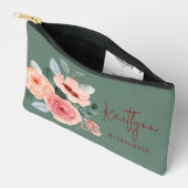 Stilvolles Blumenmuster Grün & Orange Peach Script Zubehörtasche (Offen)