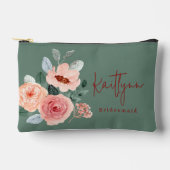 Stilvolles Blumenmuster Grün & Orange Peach Script Zubehörtasche (Vorderseite)
