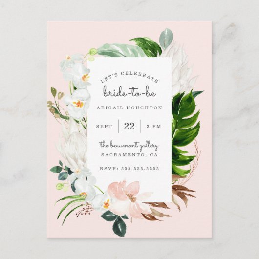 Stilvolles Blush & Tropical Greenery Brautparty Einladungspostkarte (Vorderseite)