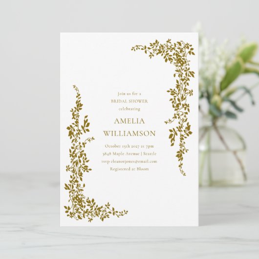 Stilvolles botanisches Border Ochre Gold Brautpart Einladung (Stehend Vorderseite)