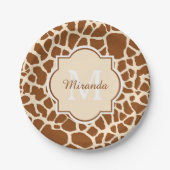 Stilvolles Brown-Giraffen-Druck-Monogramm und Name Pappteller (Vorderseite)