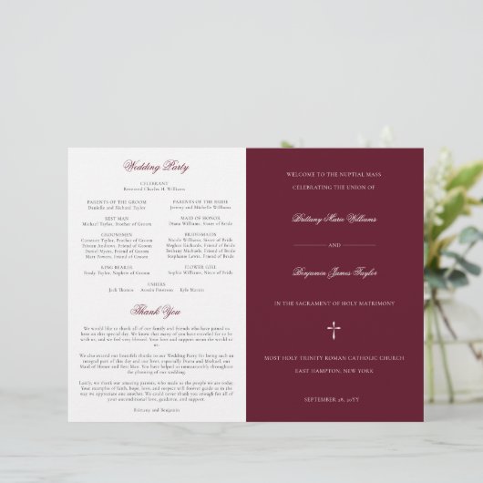 Stilvolles burgund-katholisches Hochzeitsprogramm (Stehend Vorderseite)