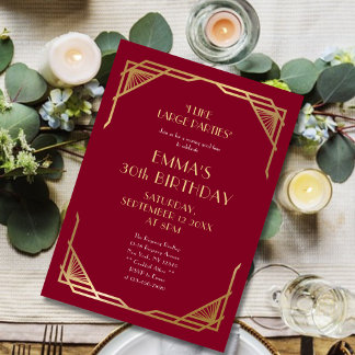 Stilvolles Burgundy Gold Gatsby 30. Geburtstag Par Einladung