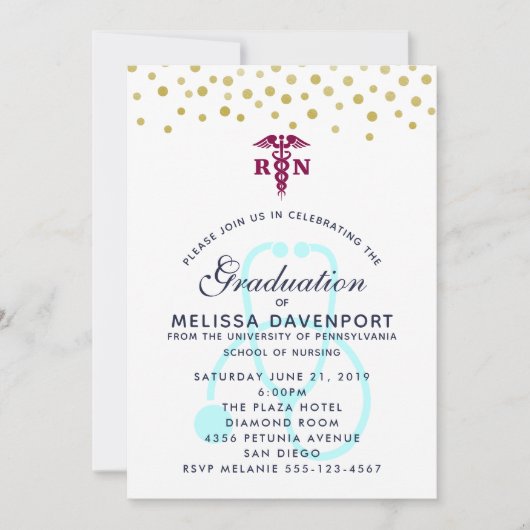 Stilvolles Caduceus und Stethoscope Nursing Gradua Einladung (Vorderseite)