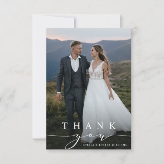 Stilvolles Calligrafy Wedding Foto Danke Karte (Vorderseite)