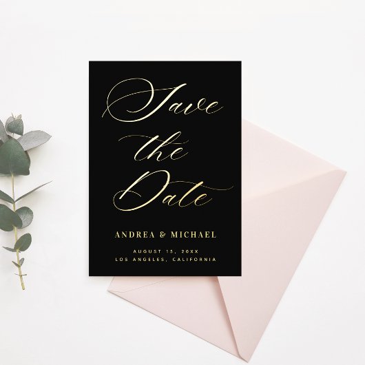 Stilvolles Calligraphy Foto & QR Code Wedding Gold Folieneinladung