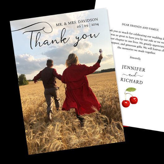 Stilvolles Cherry Wedding Foto und Black Calligrap Dankeskarte