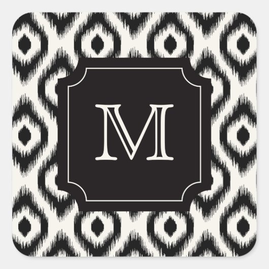 Stilvolles Chic Black Ivory Diamond Ikat Monogram Quadratischer Aufkleber (Vorderseite)