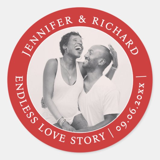 Stilvolles Chic Foto Red White Liebe Name Wedding Runder Aufkleber (Vorderseite)