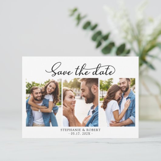 Stilvolles Chic Script 3 Foto Collage Wedding Save The Date (Stehend Vorderseite)