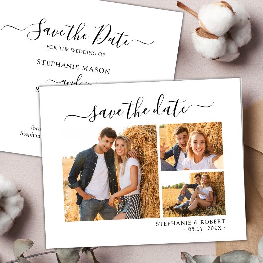 Stilvolles Chic Script 3 Foto Collage Wedding Save The Date