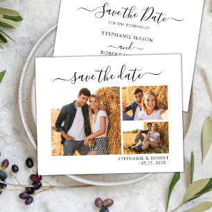 Stilvolles Chic Script 3 Foto Collage Wedding Save The Date