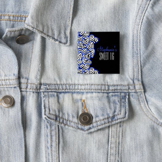 Stilvolles Cobalt Sweet 16 Zebra Herzdesign Name Button (Beispiel)